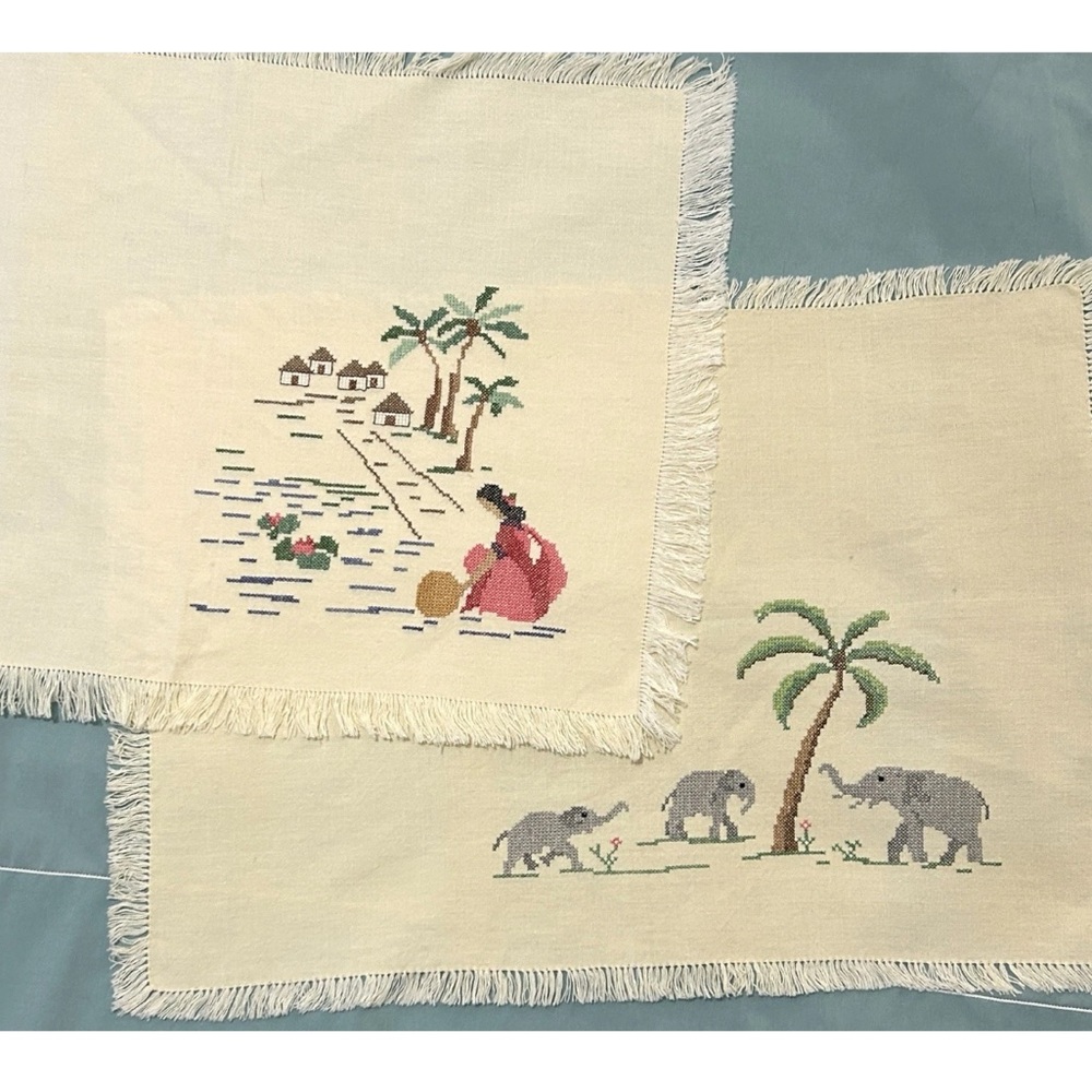 Vintage Hand Cross Stitch Placemats Elephant & Women Getting Water Lot Of 2